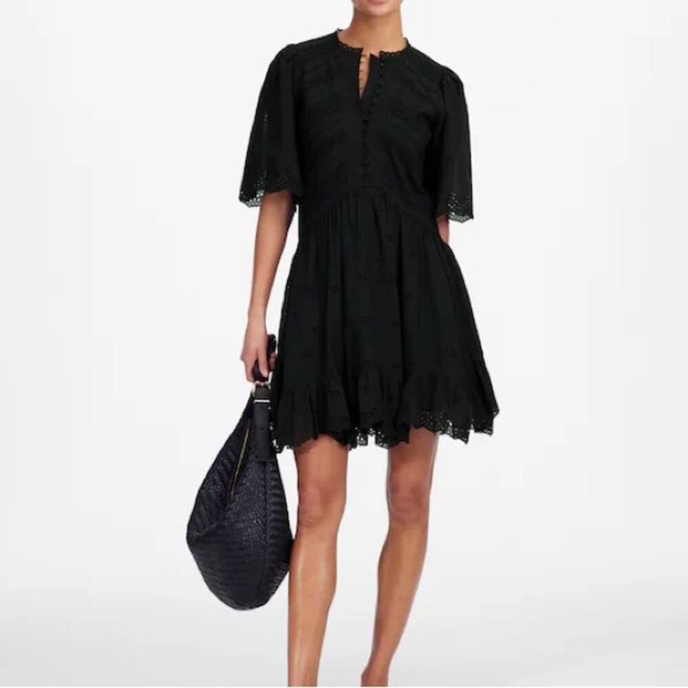NWT Madewell Black Eyelet Flutter Sleeve Mini Dress in‎ Cotton Size 00